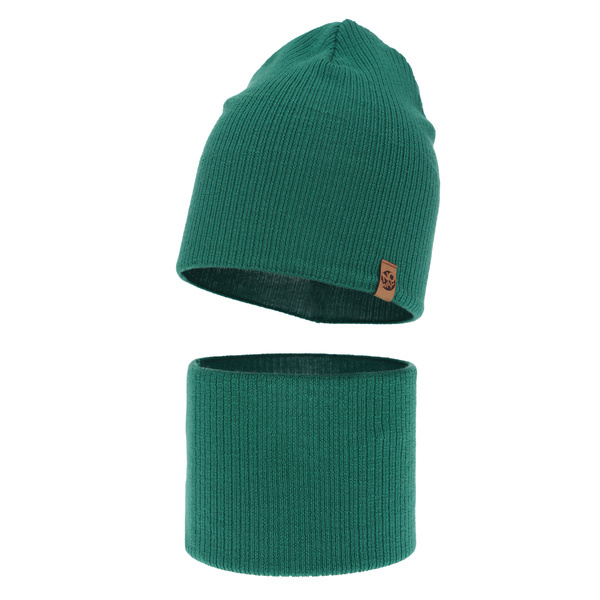 Czapka i komin dla chłopca jesienny, wiosenny komplet, szmaragdowy, 100% wełniany merino Richi