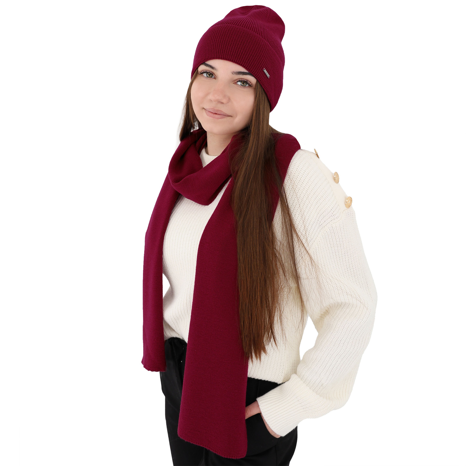 Czapka i szalik damski zimowy komplet, bordowy, 100% wełniany merino Melpomena