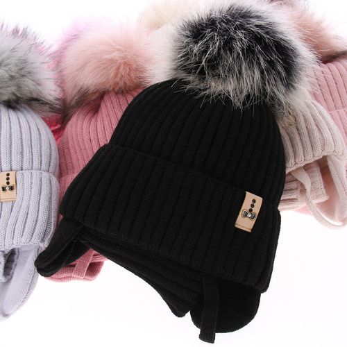 Czapka i komin dla dziewczynki zimowy komplet, czarny, z pomponem Preria