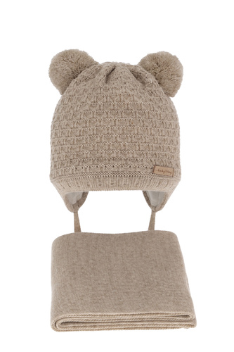 Czapka i szalik dla chłopca zimowy komplet, beżowy, z dwoma pomponami, wiązany Franki