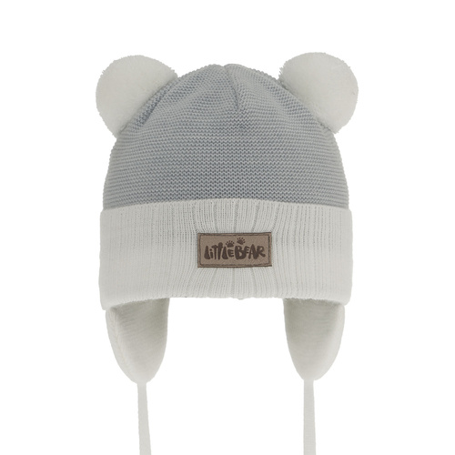 Czapka jesienna, wiosenna dla chłopca, biała, z dwoma pomponami, wiązana Gigant