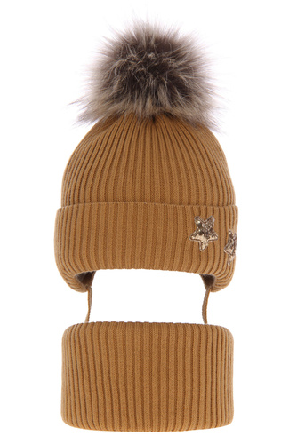 Czapka i komin dla dziewczynki zimowy komplet, brązowy, wiązany Delicja