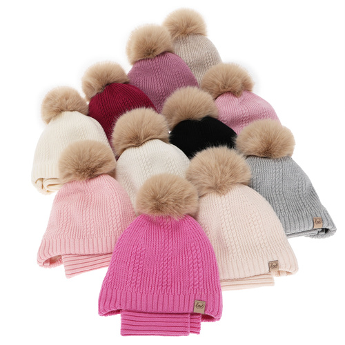 Czapka i komin dla dziewczynki zimowy komplet, szary,100% wełniany merino, podszyty wełnianym polarem, wiązany Danielle