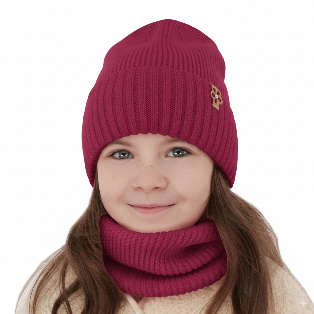 Czapka i komin dla dziewczynki zimowy komplet, amarantowy, 100% wełniana merino Nelita