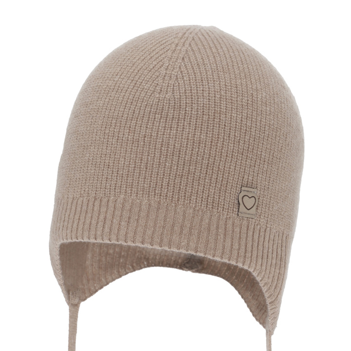 Czapka jesienna, wiosenna dla dziewczynki, ciemnobeżowa, wełna merino z kaszmirem, wiązana Orida