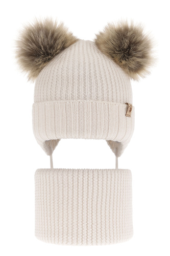Czapka i komin dla dziewczynki zimowy komplet, biały, 100% wełniany merino, wiązany, z dwoma pomponami Silvia
