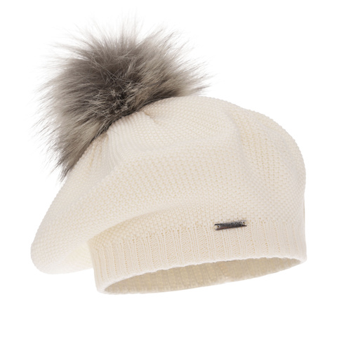 Beret damski zimowy, kremowy, z wełną merino Bonnie
