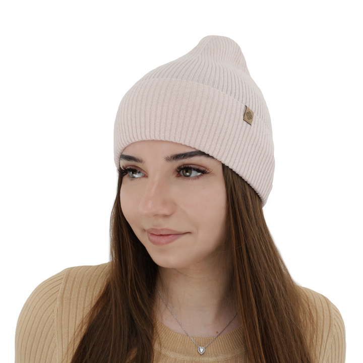 Czapka jesienna, wiosenna damska, jasnoróżowa, wełna merino z kaszmirem, Alineta