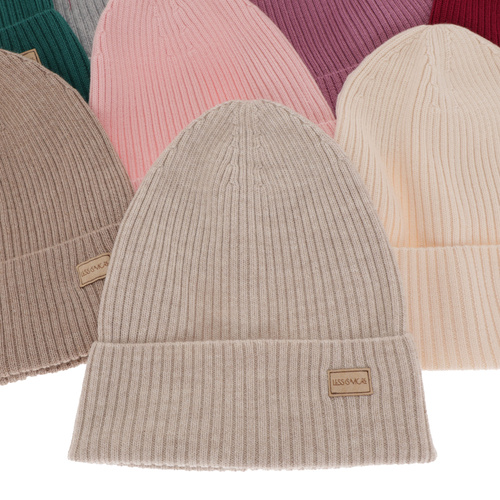 Czapka damska zimowa, wiosenna, jasnoróżowa, 100% wełniana merino Sophie