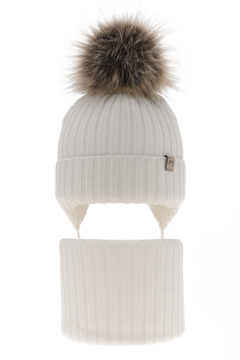 Czapka i komin dla dziewczynki zimowy komplet, biały, 100% wełniana merino, wiązany Junika