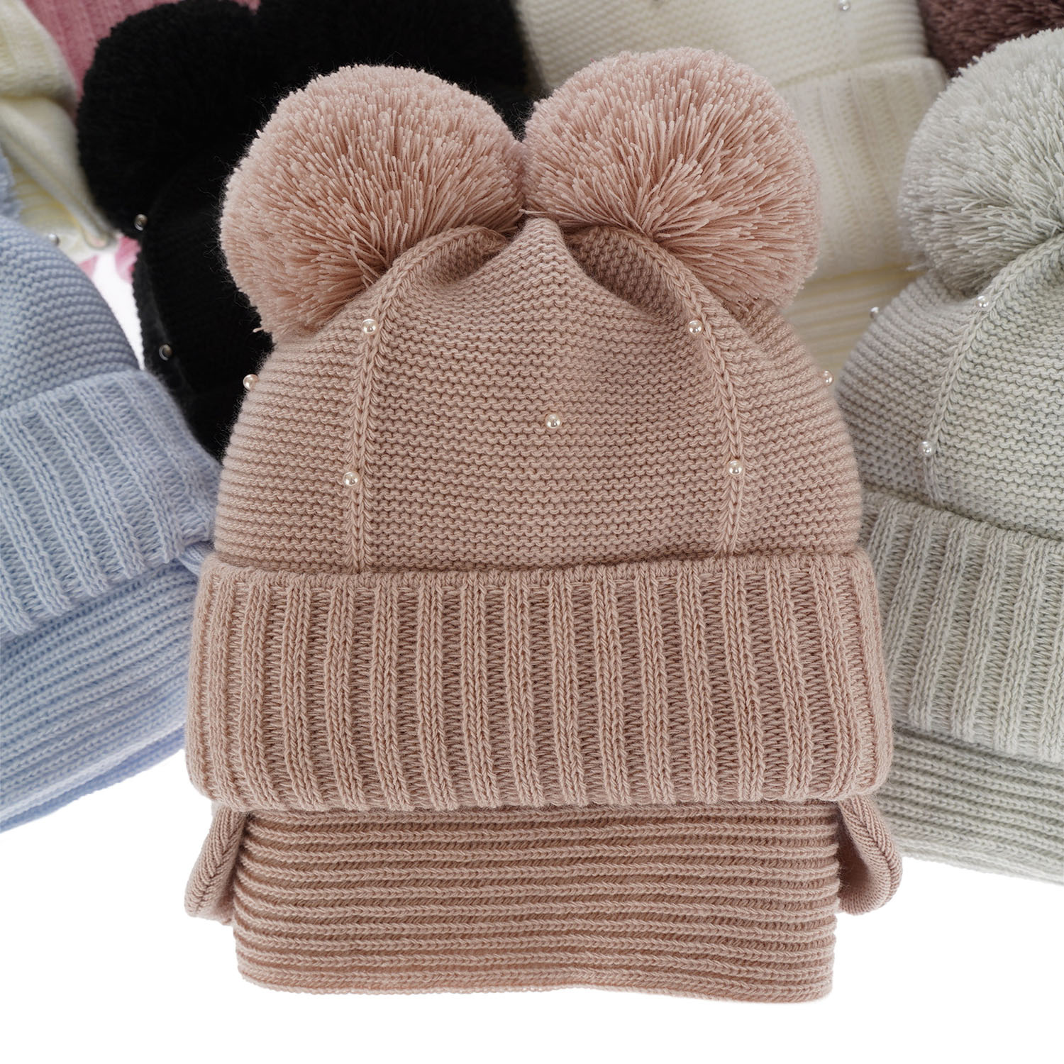 Czapka i szalik dla dziewczynki zimowy komplet, różowy, z dwoma pomponami, wiązany Fibien