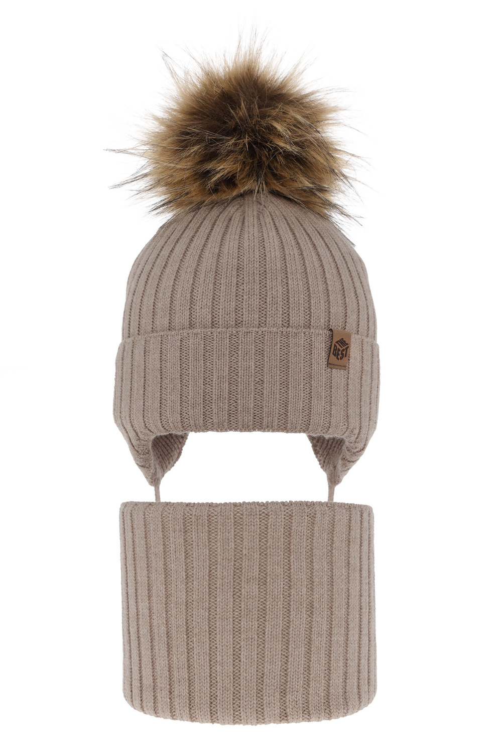 Czapka i komin dla chłopca zimowy komplet, beżowy, 100% wełniany merino, wiązany Juno