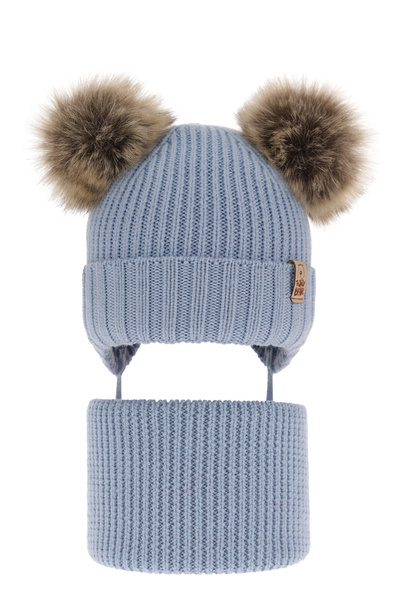 Czapka i komin dla chłopca zimowy komplet, błękitny, 100% wełniany merino, wiązany Konor