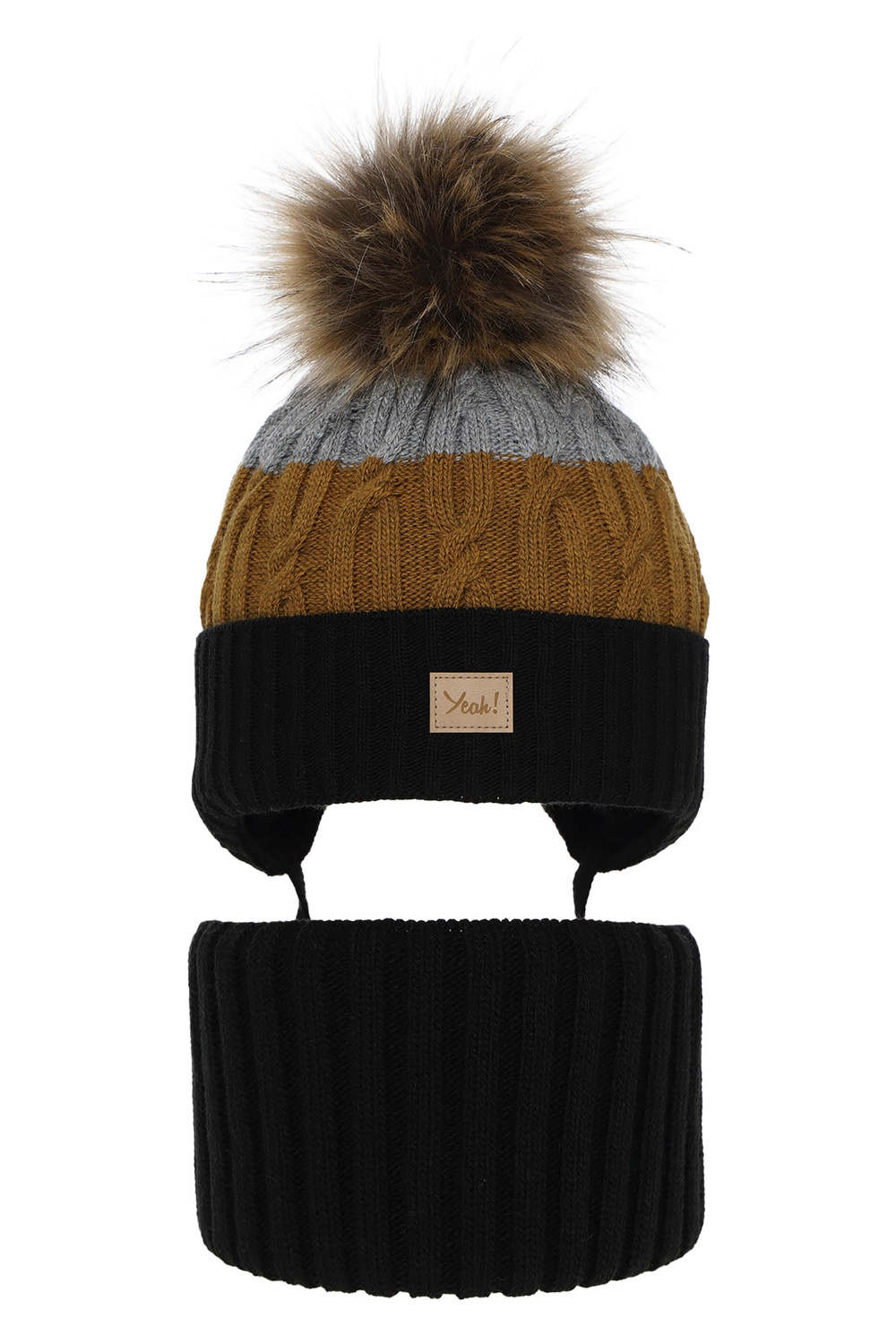 Czapka i komin dla chłopca zimowy komplet, czarny, z pomponem, wiązany Maxwell