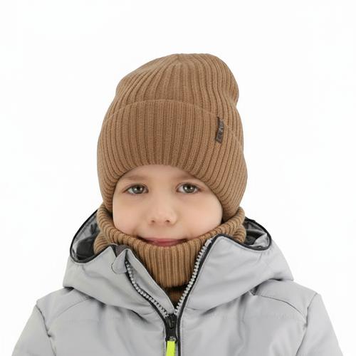 Czapka i komin dla chłopca, zimowy komplet, camel, 100% wełniany merino, Gizmo