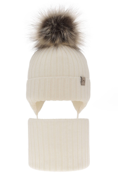 Czapka i komin dla dziewczynki zimowy komplet, kremowy, 100% wełniana merino, wiązany Junika