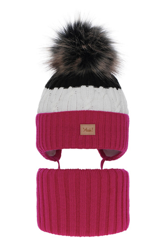 Czapka i komin dla dziewczynki zimowy komplet, różowy, z pomponem Riviera