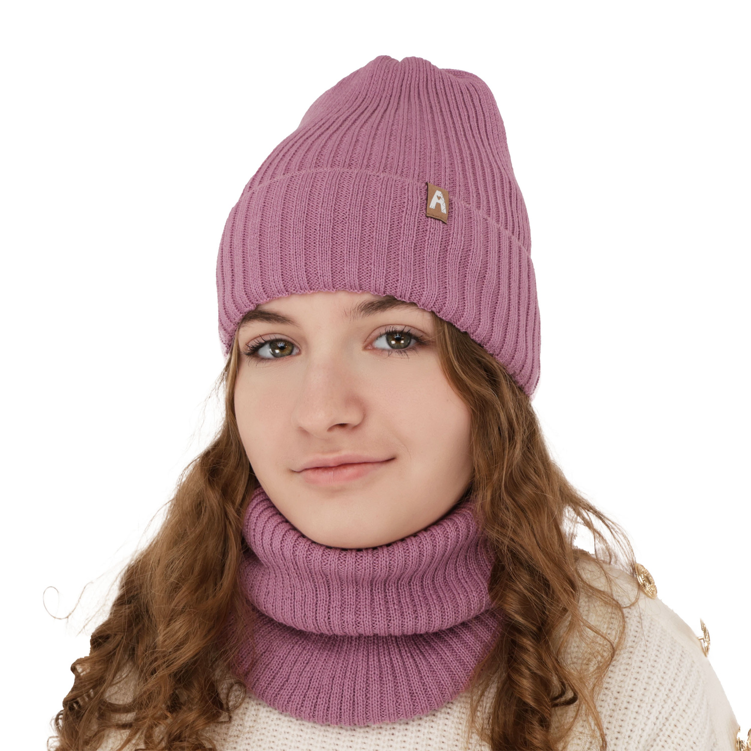 Czapka i komin dla dziewczynki zimowy komplet, fioletowy, z wełną merino, podszyty polarem Peggy