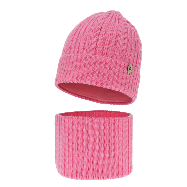 Czapka i komin dla dziewczynki zimowy komplet, różowy, 100% wełniany merino Jenny