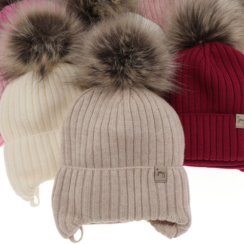 Czapka i komin dla dziewczynki zimowy komplet, beżowy, 100% wełniany merino, wiązany Junika