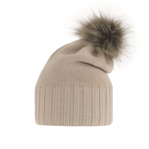 Czapka zimowa damska, beżowa, z wełną merino Malga