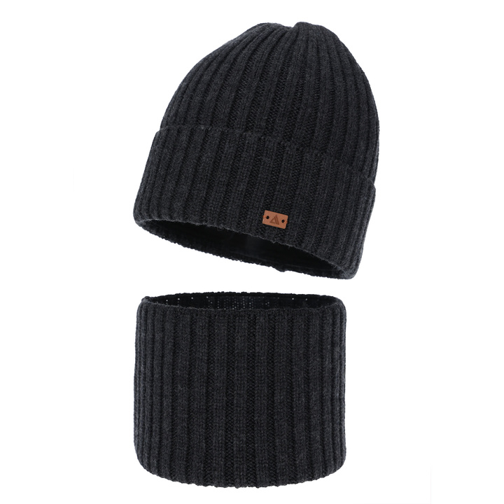 Czapka i komin dla chłopca, zimowy komplet, 100% wełniany merino, ciemnoszary Umberto