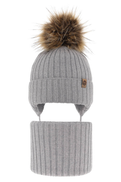 Czapka i komin dla chłopca zimowy komplet, szary, 100% wełniana merino, wiązany Juno