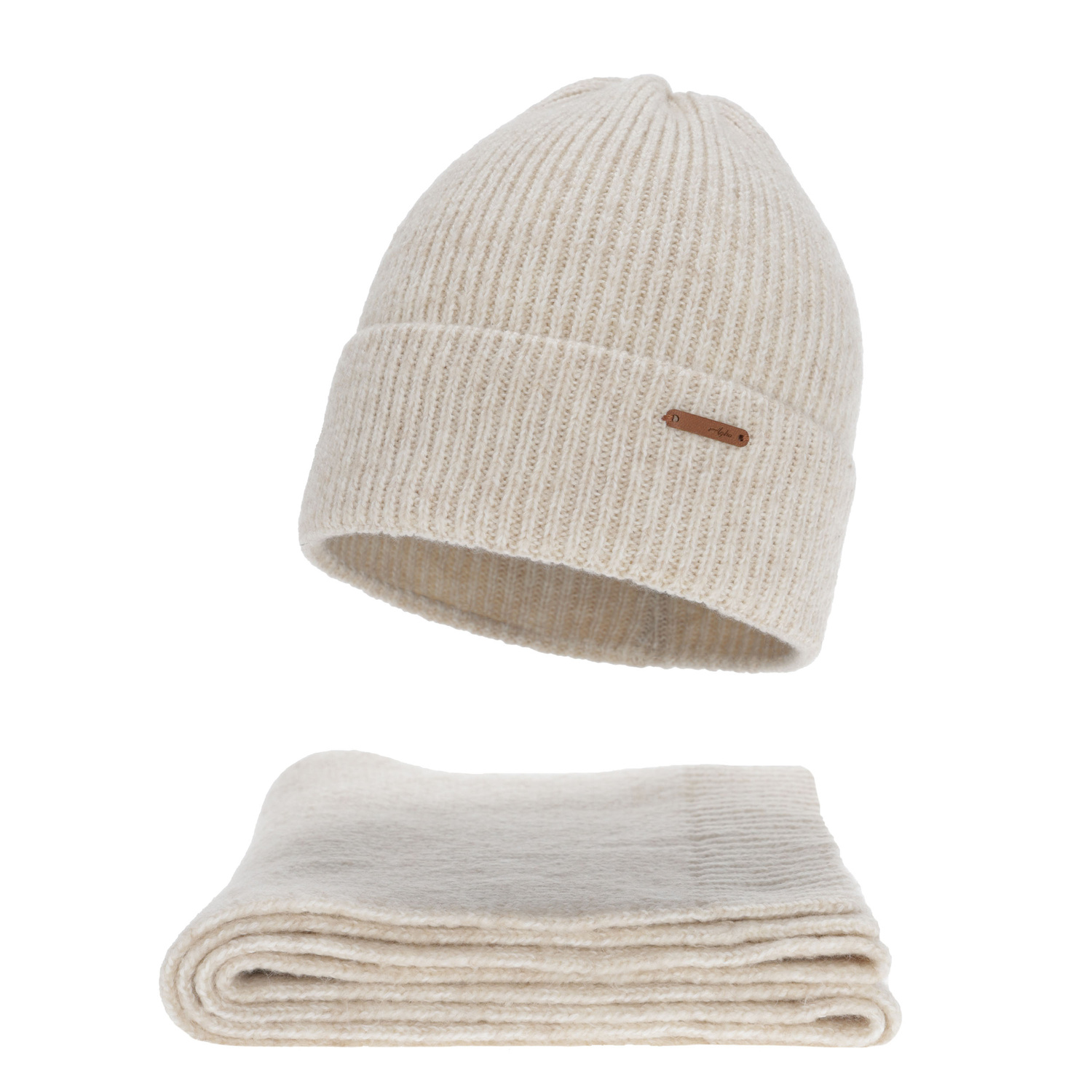 Czapka i szalik damski, zimowy komplet, jasnobeżowy, z wełną merino, Seala