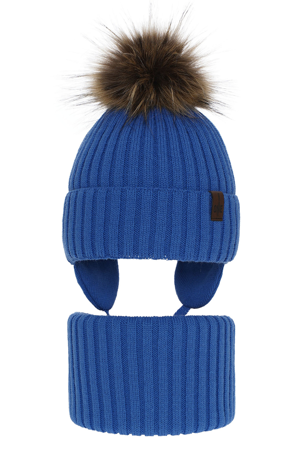 Czapka i komin dla chłopca zimowy komplet, niebieski, z pomponem Puzel