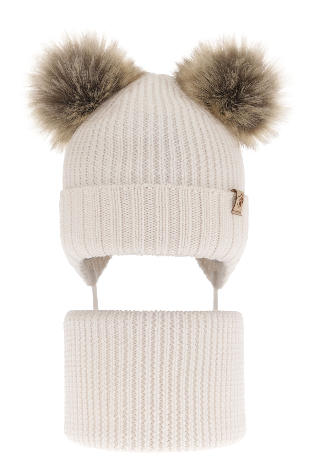 Czapka i komin dla dziewczynki zimowy komplet, biały, 100% wełniany merino, wiązany, z dwoma pomponami Silvia