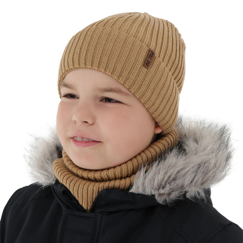 Czapka i komin podszyty bawełną dla chłopca zimowy komplet, camel, z wełną merino, Colton
