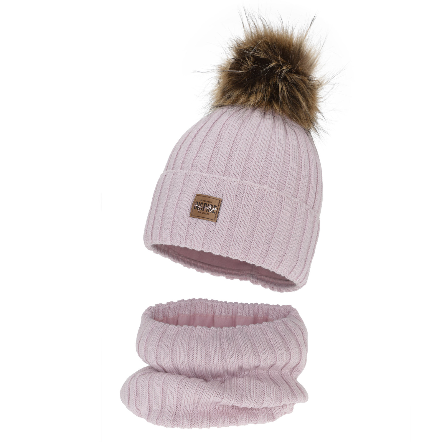 Czapka i komin dla dziewczynki zimowy komplet, liliowy, podszyty polarem, z wełną merino Bellina