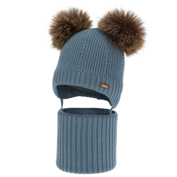 Czapka i komin dla chłopca, zimowy komplet, niebieski, 100% wełniany merino, podszyty polarem wełnianym, Lumio
