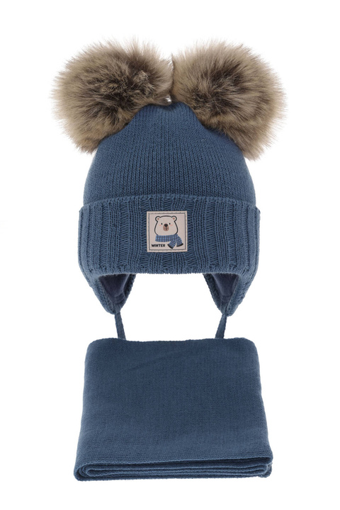 Czapka i szalik dla chłopca zimowy komplet, niebieski, z dwoma pomponami Jewel