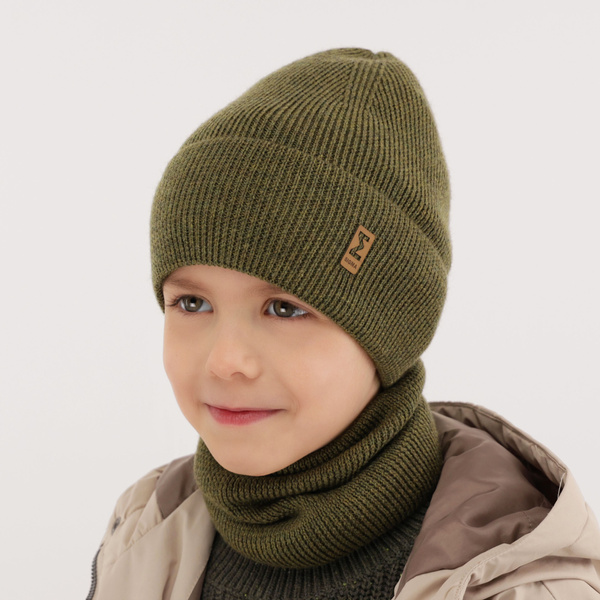 Czapka i komin dla chłopca jesienny, wiosenny komplet, khaki, 100% wełniana merino Bruce