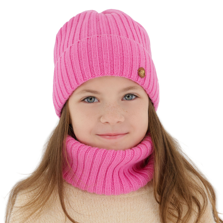 Czapka i komin dla dziewczynki zimowy komplet, różowy, 100% wełniany merino, podszyty bawełną Vanira
