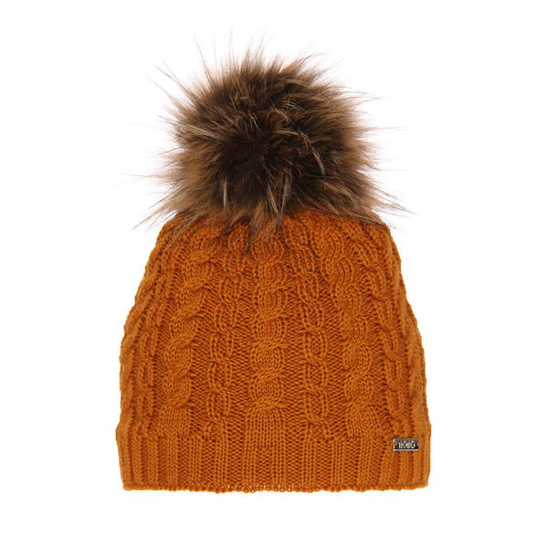 Czapka zimowa damska, miodowa, z pomponem, z wełny merino Satina