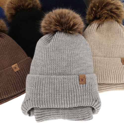 Czapka i komin dla chłopca zimowy komplet, camel, z pomponem, wiązany Zico