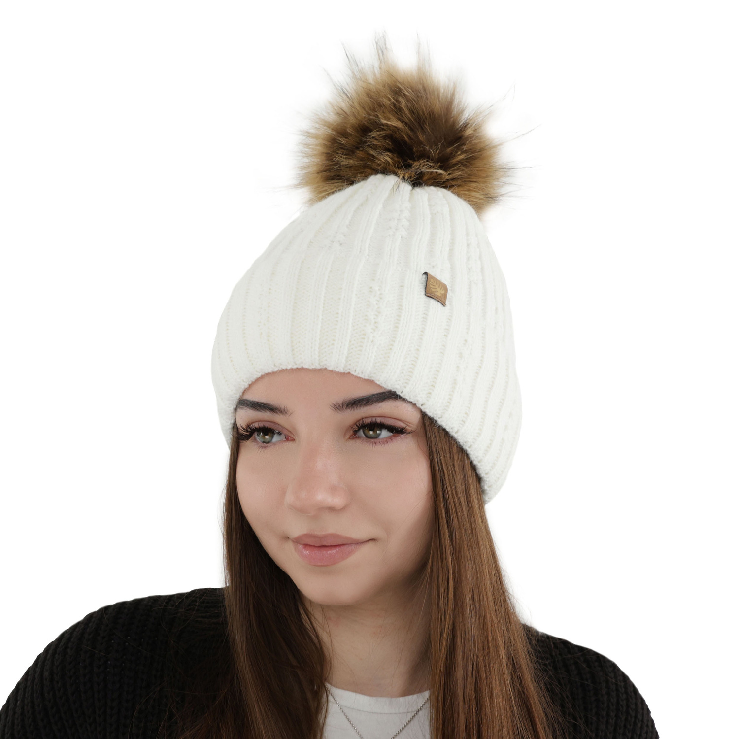 Czapka zimowa damska, brązowa, z pomponem Savona