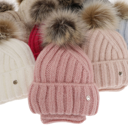 Czapka i komin dla dziewczynki zimowy komplet, kremowy, z pomponem Polaris