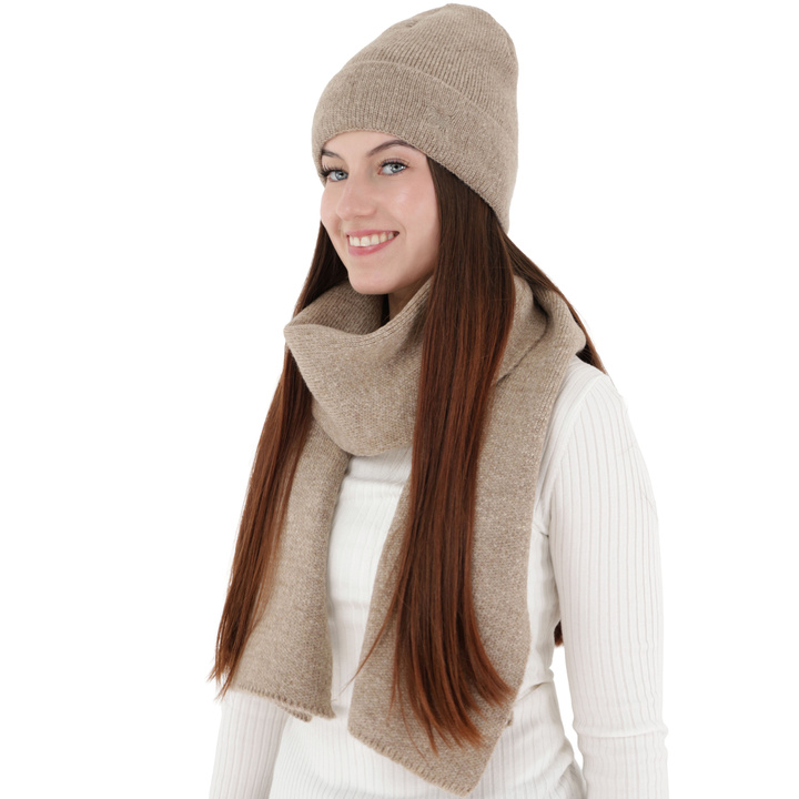 Czapka i szalik damski, zimowy komplet, beżowy, Rava