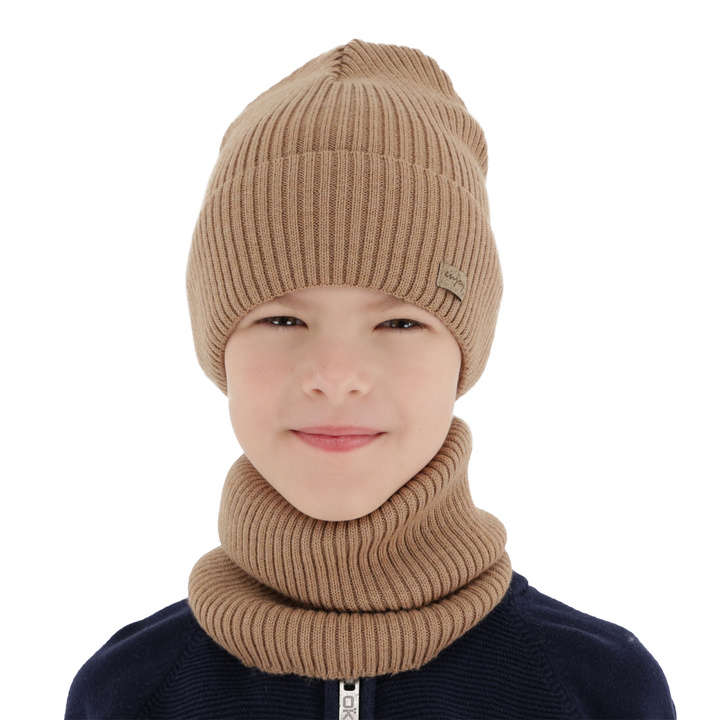 Czapka i komin dla chłopca jesienny, wiosenny komplet, camel, 100% wełniany merino Intro
