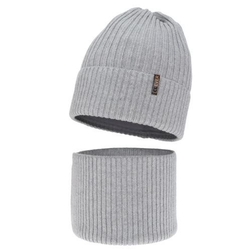 Czapka i komin dla chłopca, zimowy komplet, jasnoszary, 100% wełniany merino, Gizmo