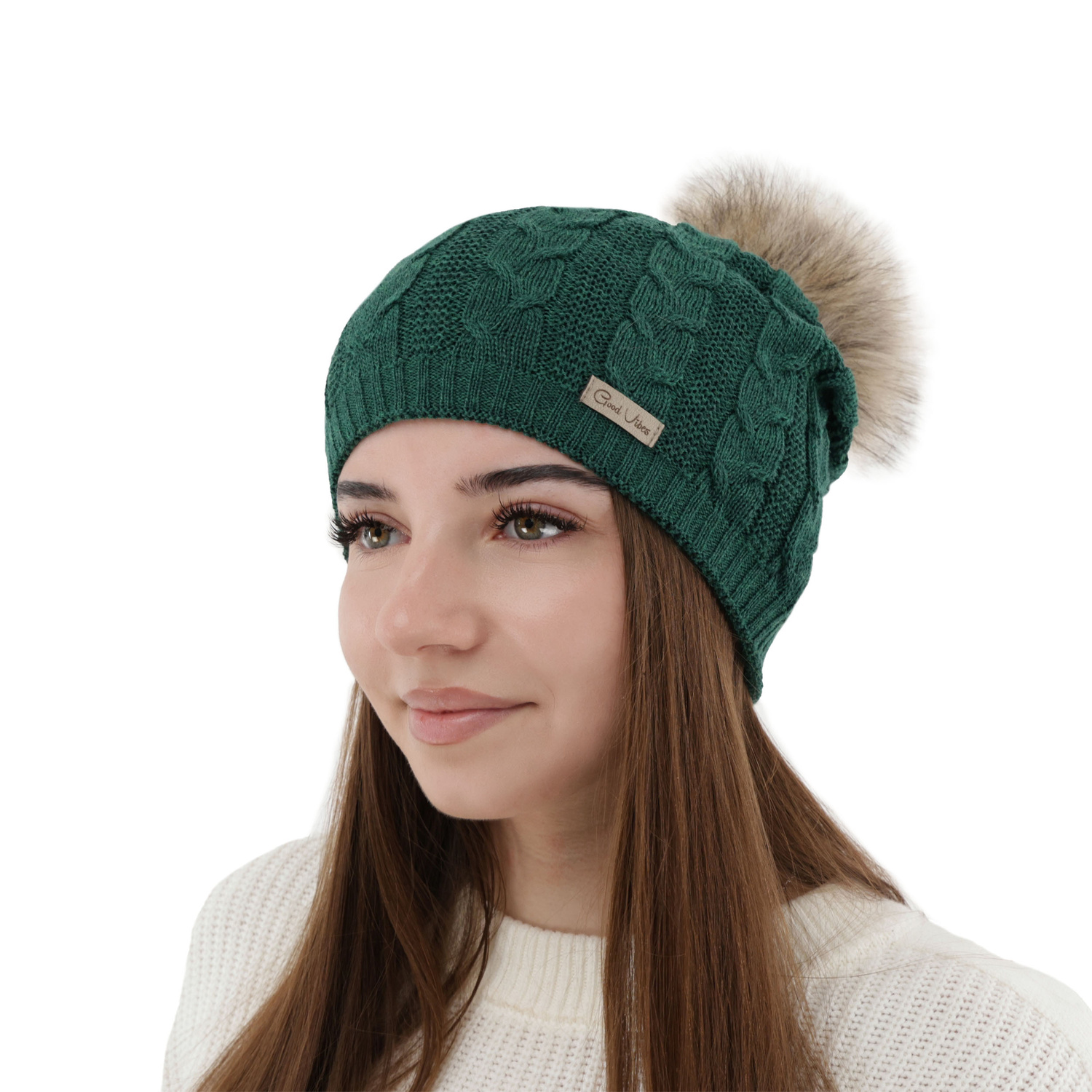 Czapka zimowa damska, zielona, z wełną merino Bafi