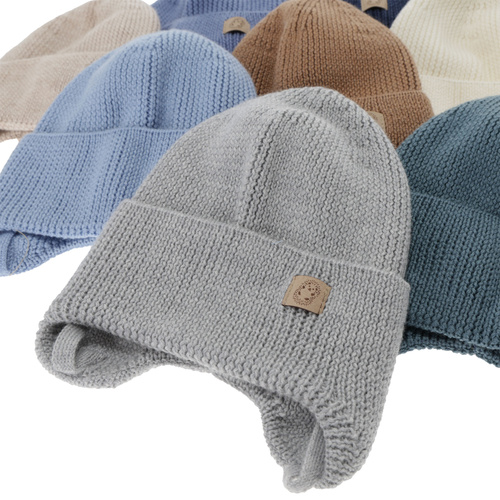 Czapka jesienna, wiosenna dla chłopca, 100% wełniana merino, wiązana, niebieska Bakadi
