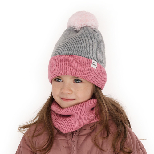 Czapka i komin dla dziewczynki zimowy komplet, fioletowy, z pomponem Rosalin