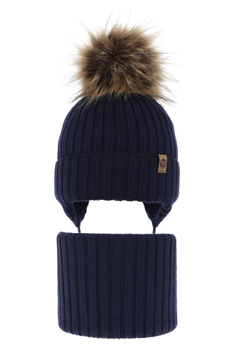 Czapka i komin dla chłopca zimowy komplet, granatowy, 100% wełniany merino, z pomponem Juno