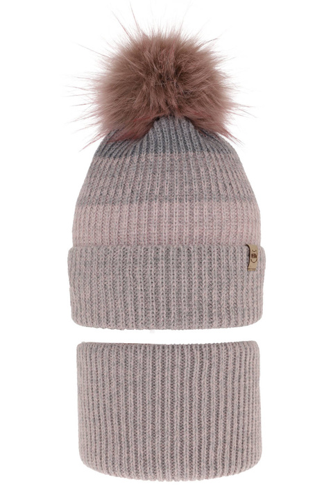Czapka i komin dla dziewczynki zimowy komplet, szary, z pomponem Gimena