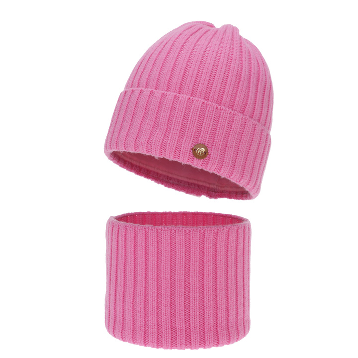 Czapka i komin dla dziewczynki zimowy komplet, różowy, 100% wełniany merino, podszyty bawełną Vanira