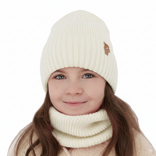 Czapka i komin dla dziewczynki zimowy komplet, kremowy, 100% wełniana merino Nelita